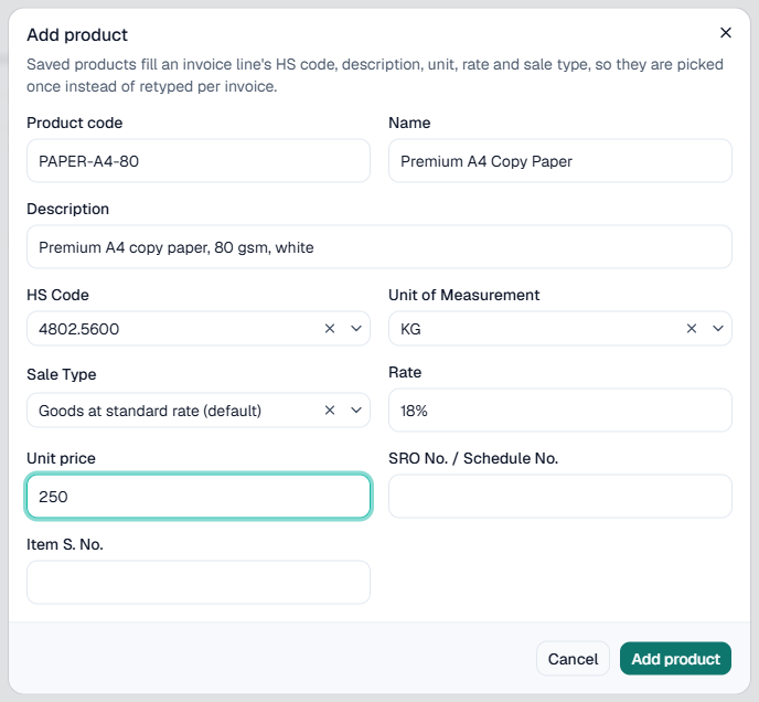 Bizio product form showing HS code, unit of measurement, sale type and rate fields.