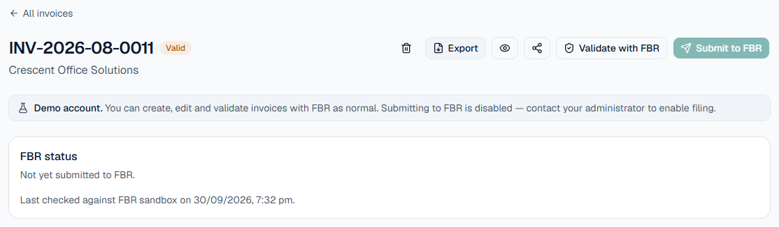 Bizio sandbox invoice marked Valid while its FBR status says not yet submitted.